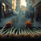 i want a photo of 20 units of spring onions, two jars of sauce, and two bottles of beers, in a bbq enviroment on a basque public street (6)